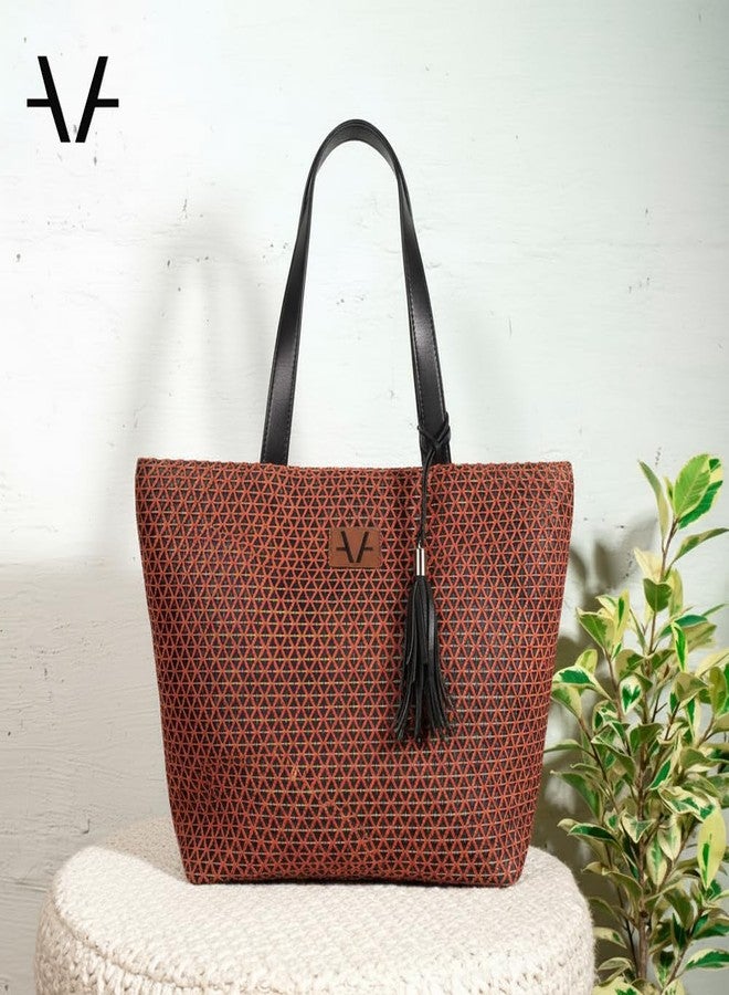 Avake Crimson Cross Tote Bag with Raffia and Vegan Leather Accents | Fits 14-Inch Laptop | Stylish & Durable | Lightweight Shoulder Bag for Work, Travel & Daily Use | Made in India - Image 2